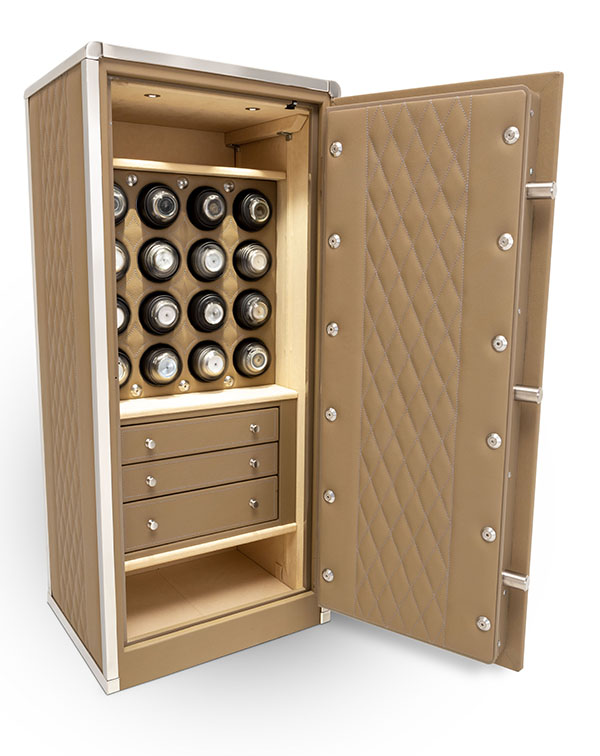 4018 tan leather safe with stainless frame and accents